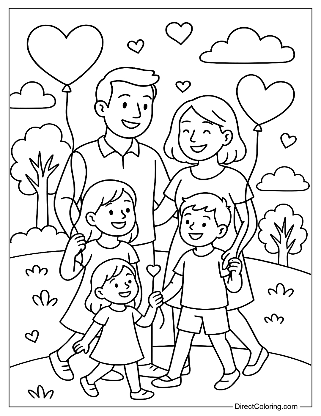 coloring page A family of people holding balloons walking, with trees, clouds and hearts flying along